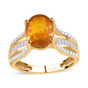 Yellow Sapphire Ring , White Topaz Accent Ring , Vermeil Yellow Gold Over Sterling Silver Ring 4.60 ctw