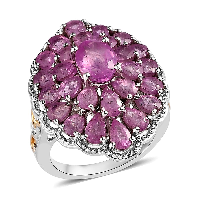 Ilakaka Hot Pink Sapphire (FF) Cocktail Ring in Vermeil Yellow Gold and Platinum Over Sterling Silver (Size 10.0) 8.75 ctw