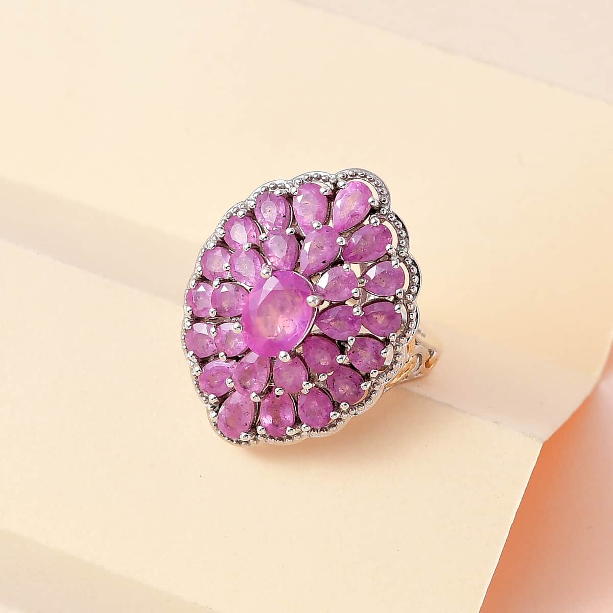 Ilakaka Hot Pink Sapphire (FF) Cocktail Ring in Vermeil Yellow Gold and Platinum Over Sterling Silver (Size 7.0) 8.75 ctw image number 1