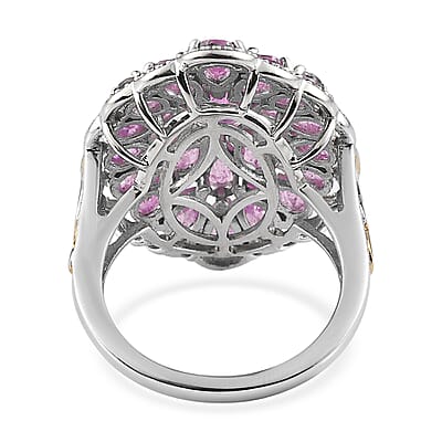 Ilakaka Hot Pink Sapphire (FF) Cocktail Ring in Vermeil Yellow Gold and Platinum Over Sterling Silver (Size 10.0) 8.75 ctw