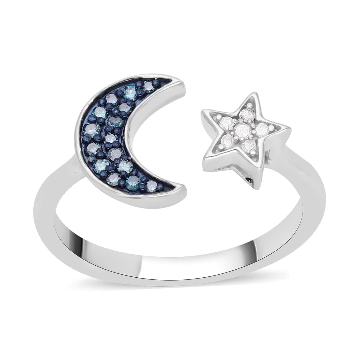 Venice Blue Diamond (I1-I2), Diamond Star and Moon Ring in Platinum Over Sterling Silver (Size 10.0) 0.15 ctw image number 0