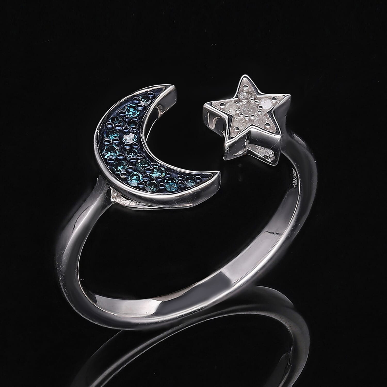 Venice Blue Diamond I1-I2 and Diamond Moon Star Ring in Platinum Over Sterling Silver (Size 10.0) 0.15 ctw