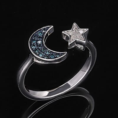 Venice Blue Diamond I1-I2 and Diamond Moon Star Ring in Platinum Over Sterling Silver (Size 10.0) 0.15 ctw
