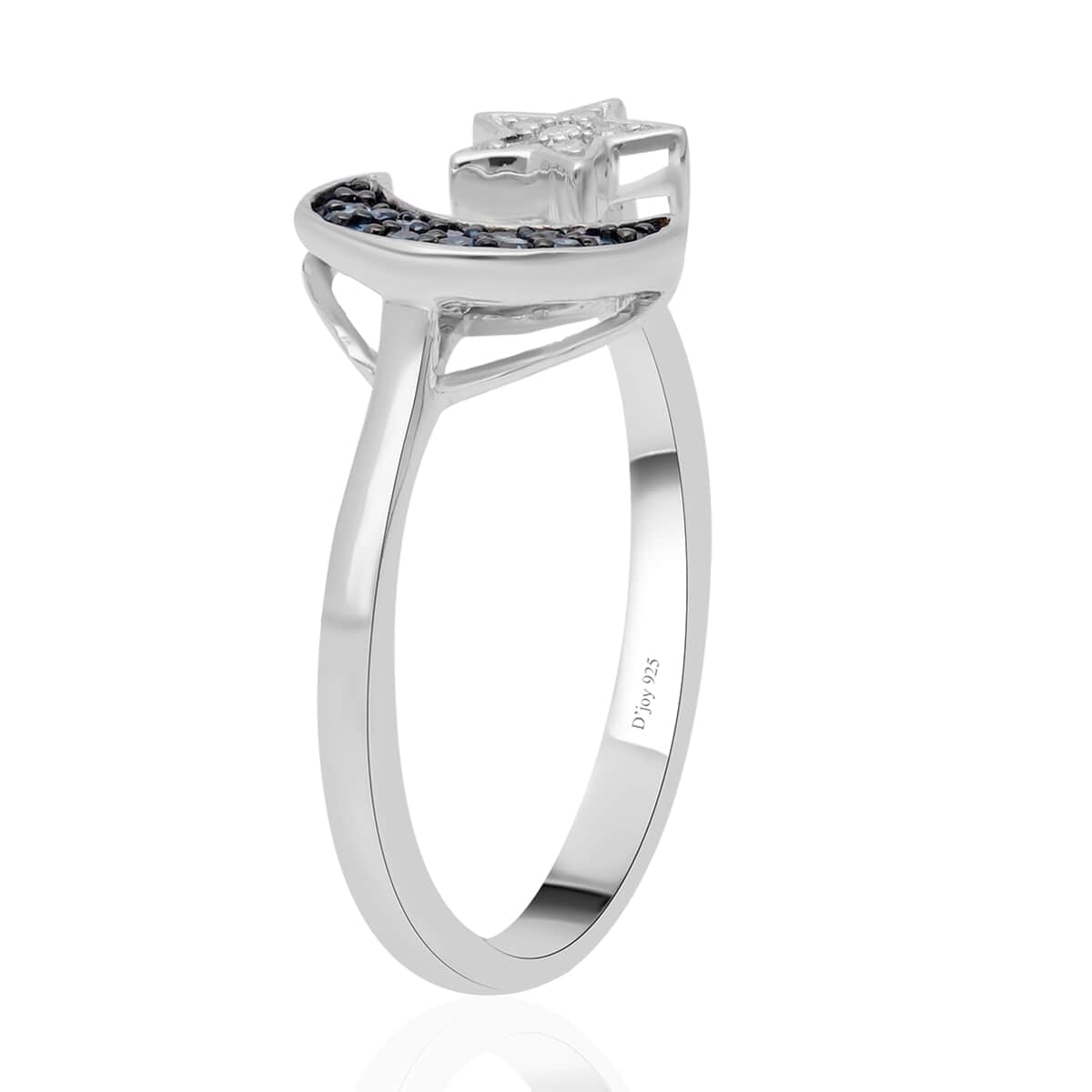 Venice Blue Diamond (I1-I2), Diamond Star and Moon Ring in Platinum Over Sterling Silver (Size 10.0) 0.15 ctw image number 3