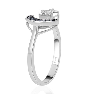 Venice Blue Diamond I1-I2 and Diamond Moon Star Ring in Platinum Over Sterling Silver (Size 10.0) 0.15 ctw