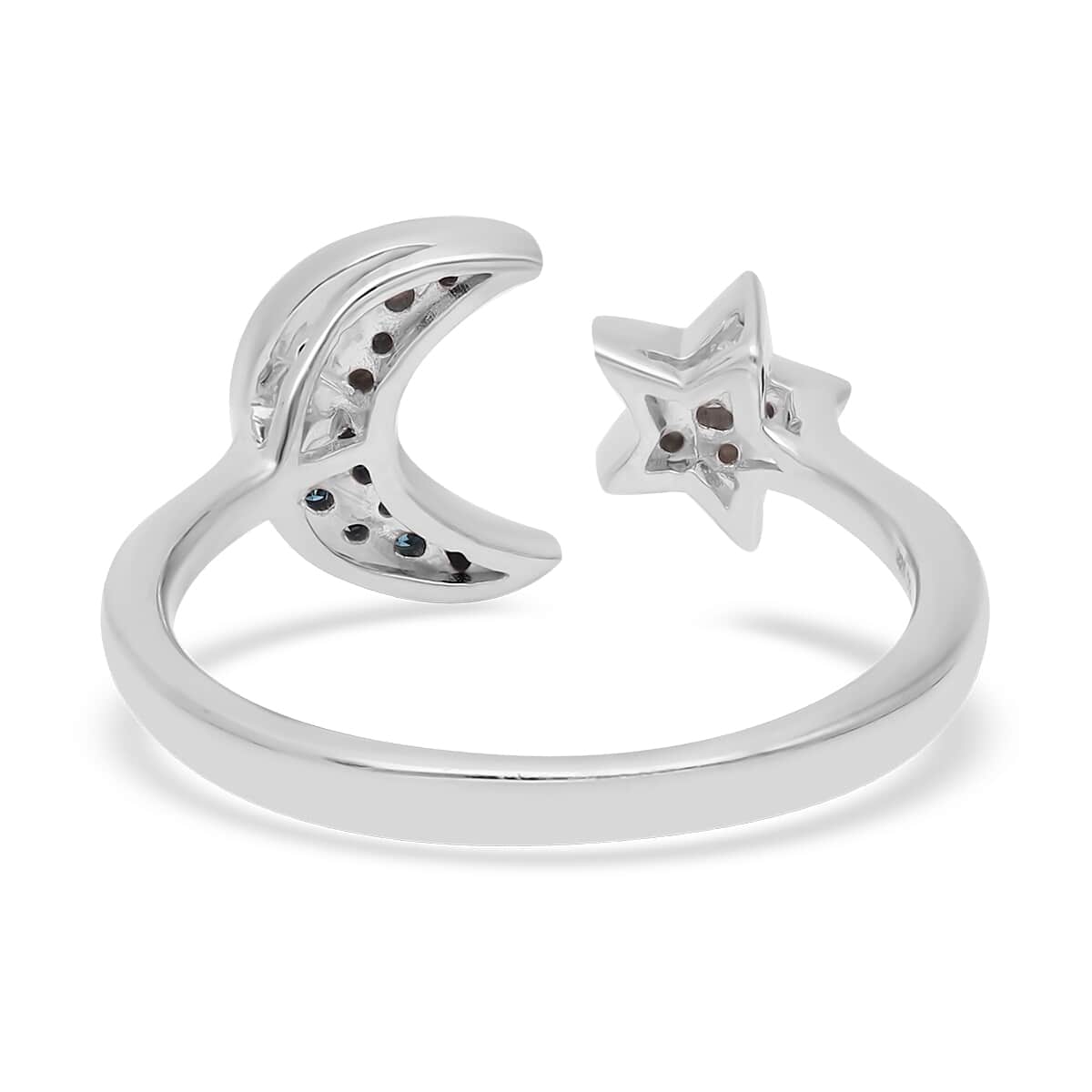 Venice Blue Diamond (I1-I2), Diamond Star and Moon Ring in Platinum Over Sterling Silver (Size 10.0) 0.15 ctw image number 4