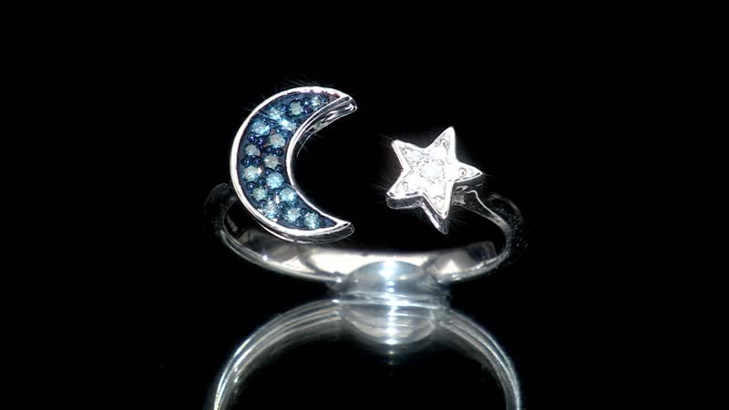 Venice Blue Diamond (I1-I2), Diamond Star and Moon Ring in Platinum Over Sterling Silver (Size 10.0) 0.15 ctw