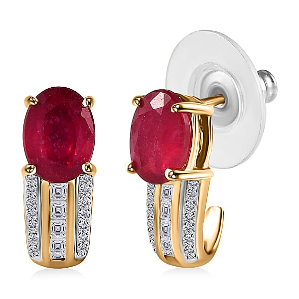 Niassa Ruby Earrings , Ruby J Hoop Earrings ,White Topaz Accent Earrings , Vermeil Yellow Gold Over Sterling Silver Earrings 4.25 ctw