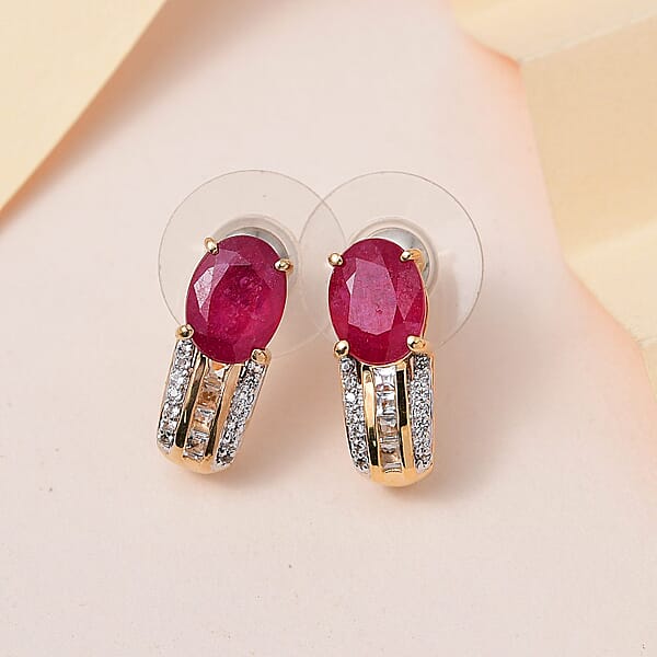 Niassa Ruby Earrings , Ruby J Hoop Earrings ,White Topaz Accent Earrings , Vermeil Yellow Gold Over Sterling Silver Earrings 4.25 ctw