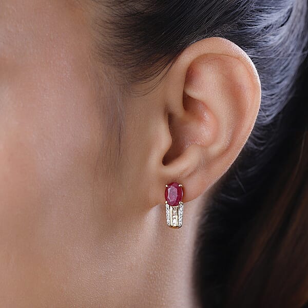 Niassa Ruby Earrings , Ruby J Hoop Earrings ,White Topaz Accent Earrings , Vermeil Yellow Gold Over Sterling Silver Earrings 4.25 ctw