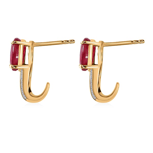 Niassa Ruby Earrings , Ruby J Hoop Earrings ,White Topaz Accent Earrings , Vermeil Yellow Gold Over Sterling Silver Earrings 4.25 ctw