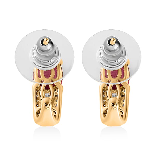 Niassa Ruby Earrings , Ruby J Hoop Earrings ,White Topaz Accent Earrings , Vermeil Yellow Gold Over Sterling Silver Earrings 4.25 ctw
