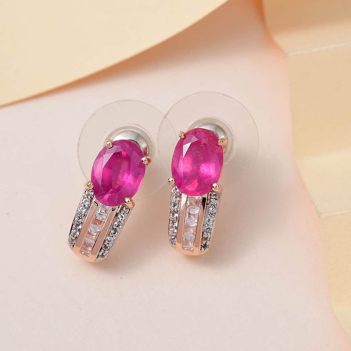 Ilakaka Hot Pink Sapphire Earrings, Pink Sapphire J Hoop Earrings, White Topaz Accent Earrings, Vermeil Rose Gold Over Sterling Silver Earrings 4.00 ctw image number 1