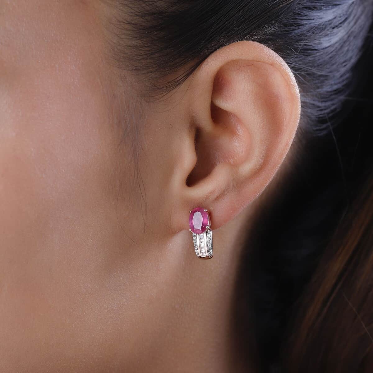 Ilakaka Hot Pink Sapphire Earrings, Pink Sapphire J Hoop Earrings, White Topaz Accent Earrings, Vermeil Rose Gold Over Sterling Silver Earrings 4.00 ctw image number 2