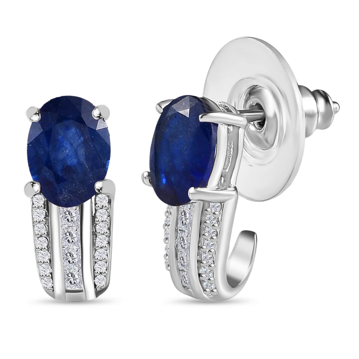 Masoala Sapphire Earrings , Masoala Sapphire J Hoop Earrings ,White Topaz Accent Earrings , Platinum Over Sterling Silver Earrings 4.15 ctw image number 0