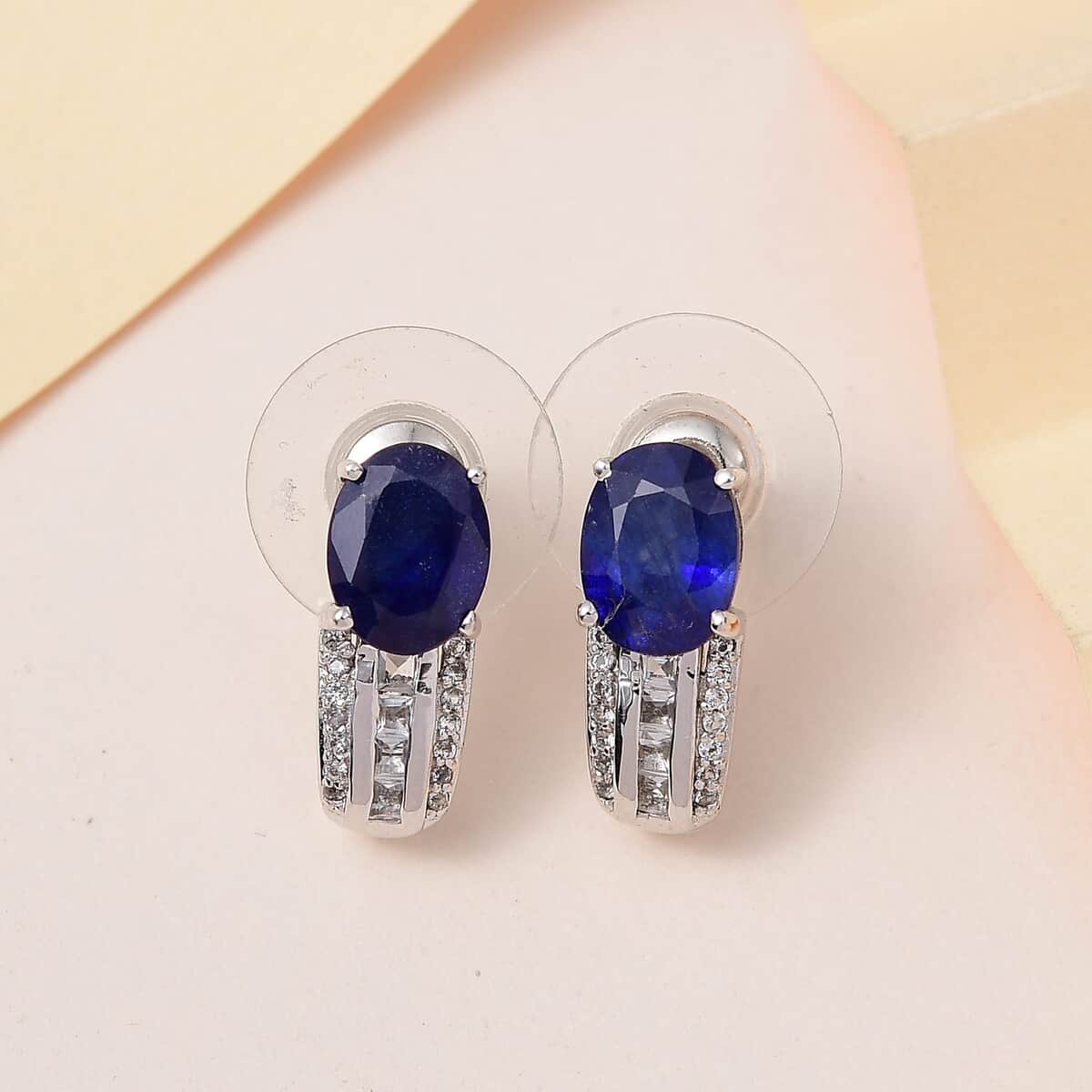 Masoala Sapphire Earrings , Masoala Sapphire J Hoop Earrings ,White Topaz Accent Earrings , Platinum Over Sterling Silver Earrings 4.15 ctw image number 1