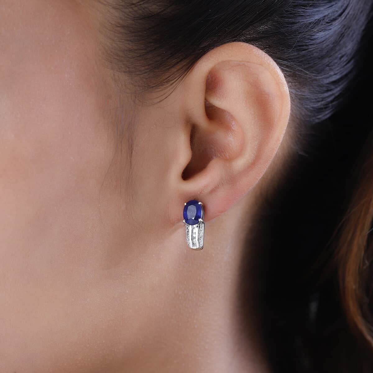 Masoala Sapphire Earrings , Masoala Sapphire J Hoop Earrings ,White Topaz Accent Earrings , Platinum Over Sterling Silver Earrings 4.15 ctw image number 2