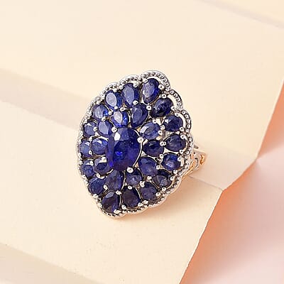 Masoala Sapphire (FF) Cocktail Ring in Vermeil Yellow Gold and Platinum Over Sterling Silver (Size 8.0) 8.10 ctw