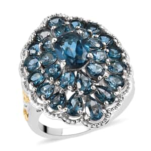 London Blue Topaz Cocktail Ring in Vermeil Yellow Gold and Platinum Over Sterling Silver (Size 7.0) 6.35 ctw