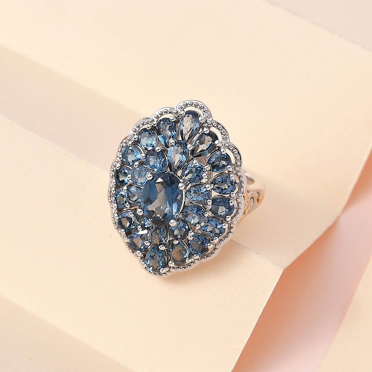 London Blue Topaz Cocktail Ring in Vermeil Yellow Gold and Platinum Over Sterling Silver (Size 8.0) 6.35 ctw image number 1