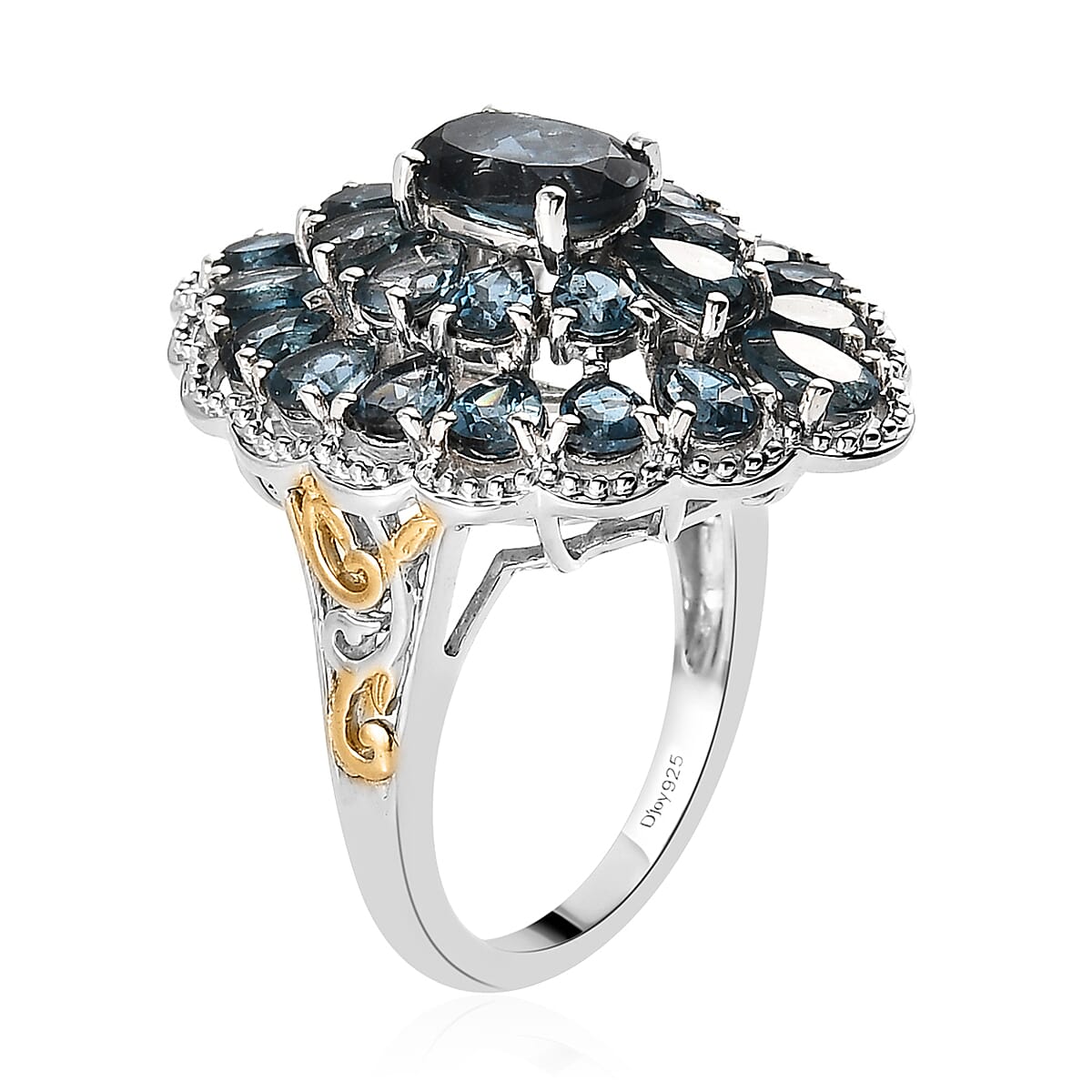 London Blue Topaz Cocktail Ring in Vermeil Yellow Gold and Platinum Over Sterling Silver (Size 9.0) 6.35 ctw image number 3