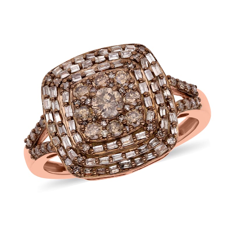 Natural Champagne Diamond Cluster Ring in Vermeil Rose Gold Over Sterling Silver (Size 10.0) 1.00 ctw
