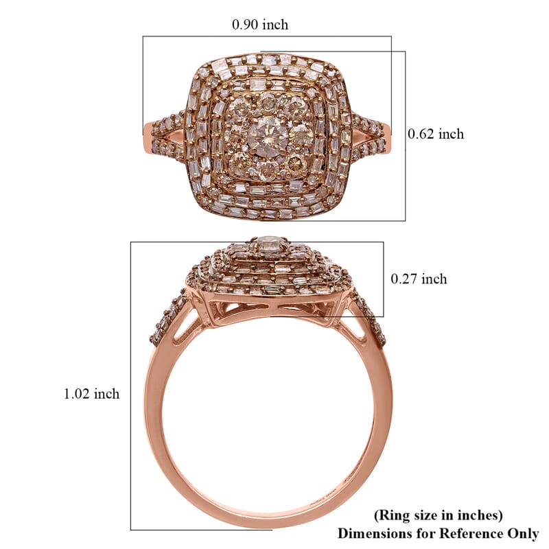 Natural Champagne Diamond Cluster Ring in Vermeil Rose Gold Over Sterling Silver (Size 10.0) 1.00 ctw