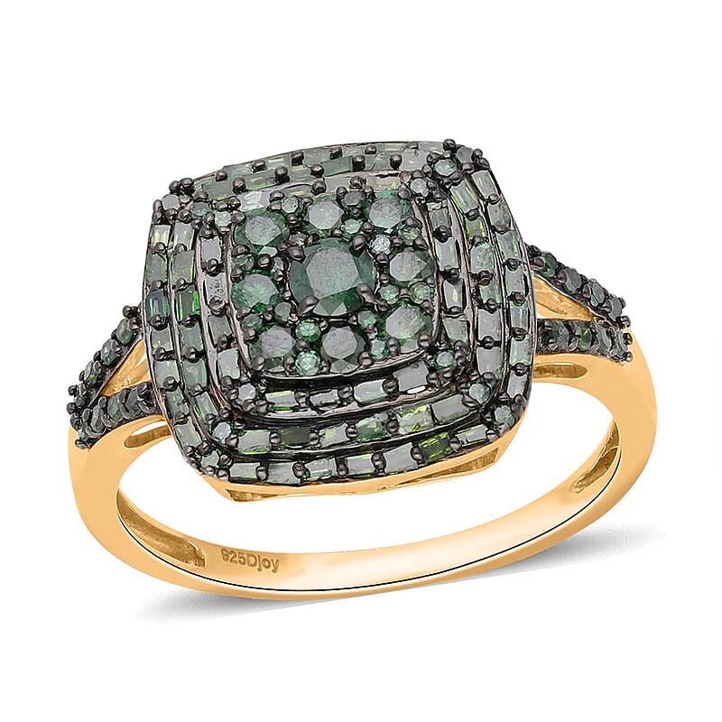 Green Diamond Cluster Ring in Vermeil Yellow Gold Over Sterling Silver (Size 7.0) 1.00 ctw