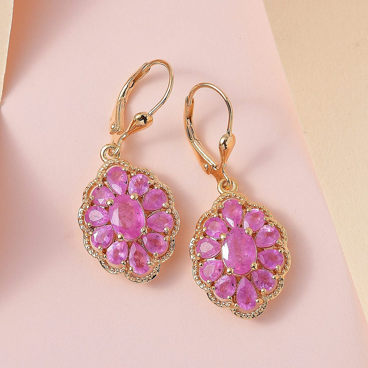 Ilakaka Hot Pink Sapphire (FF) Lever Back Earrings in Vermeil Yellow Gold Over Sterling Silver 7.00 ctw image number 1