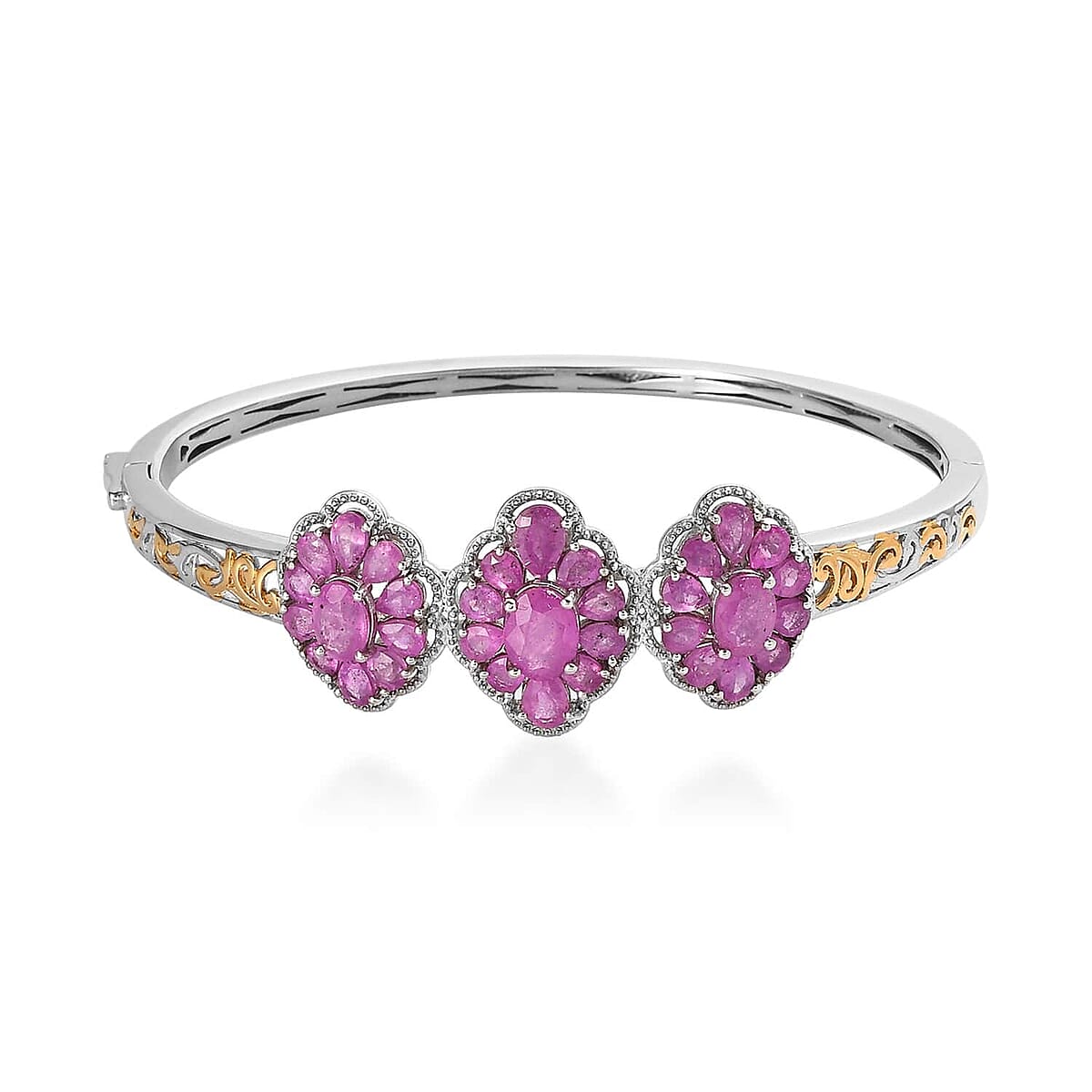 Ilakaka Hot Pink Sapphire (FF) Bangle Bracelet in Vermeil Yellow Gold and Platinum Over Sterling Silver (7.25 In) 12.10 ctw image number 0