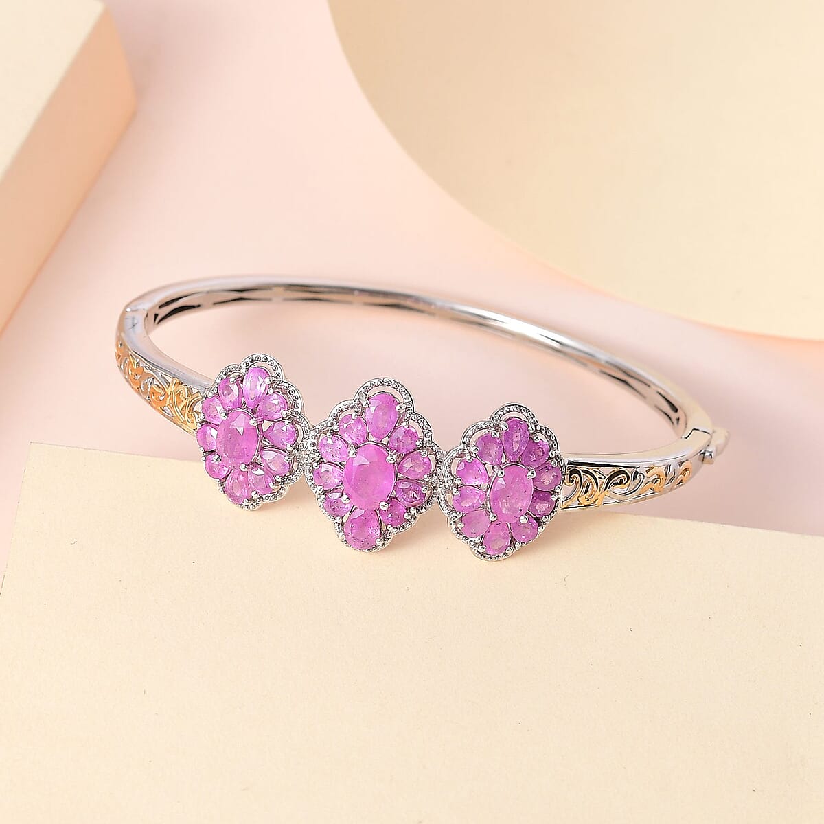 Ilakaka Hot Pink Sapphire (FF) Bangle Bracelet in Vermeil Yellow Gold and Platinum Over Sterling Silver (7.25 In) 12.10 ctw image number 1