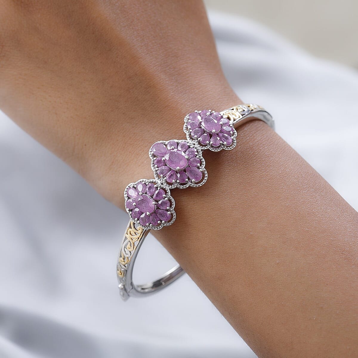 Ilakaka Hot Pink Sapphire (FF) Bangle Bracelet in Vermeil Yellow Gold and Platinum Over Sterling Silver (7.25 In) 12.10 ctw image number 2