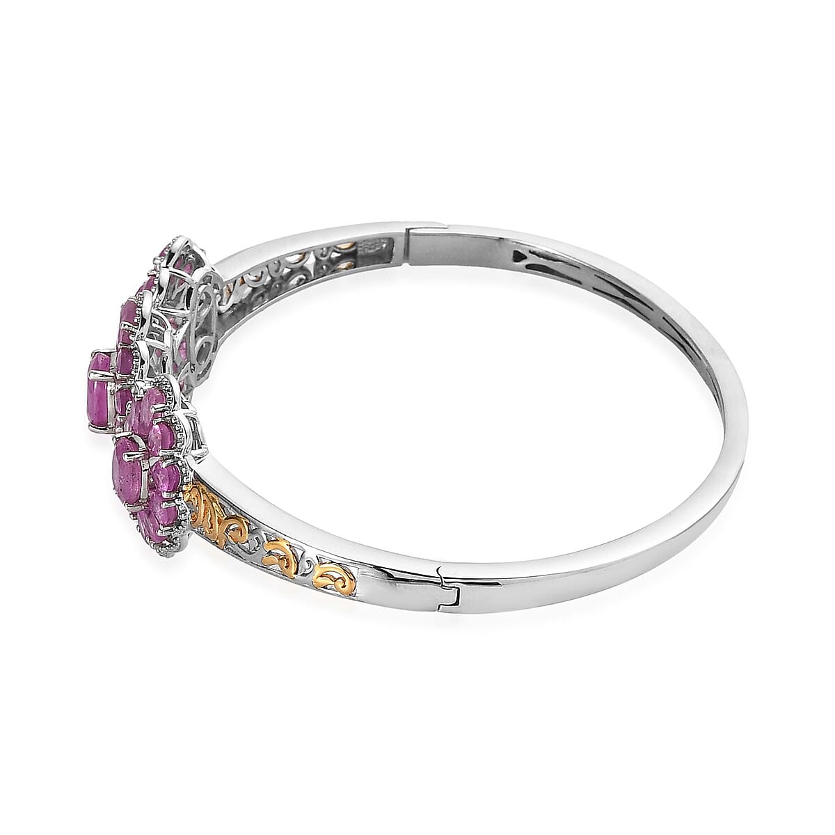 Ilakaka Hot Pink Sapphire (FF) Bangle Bracelet in Vermeil Yellow Gold and Platinum Over Sterling Silver (7.25 In) 12.10 ctw image number 3