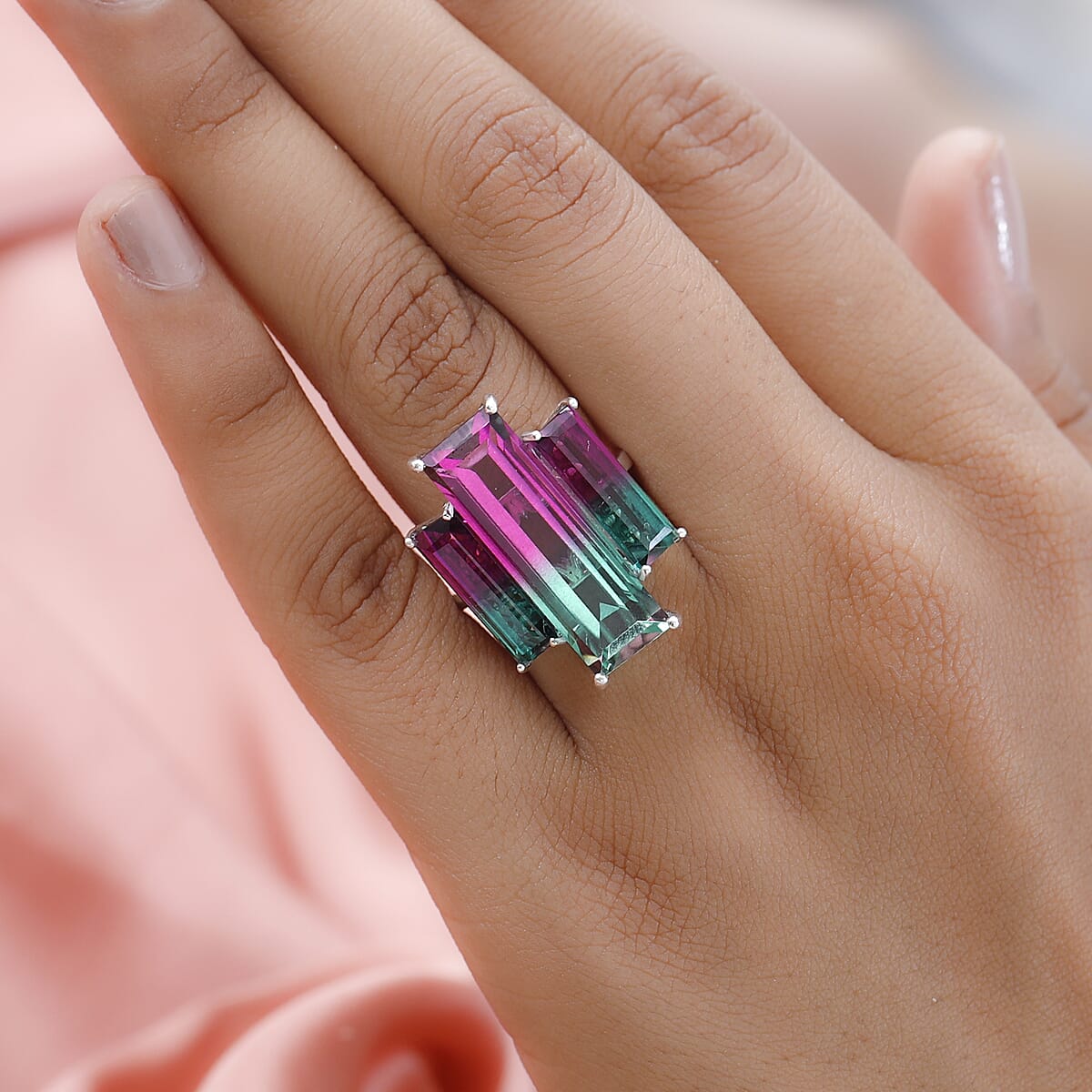 Watermelon Quartz (Triplet) 3 Stone Ring in Platinum Over Sterling Silver 20.10 ctw image number 2