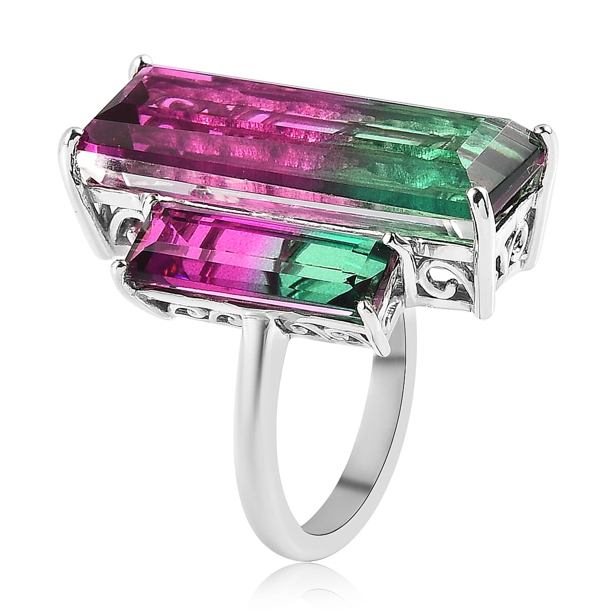 Watermelon Quartz (Triplet) 3 Stone Ring in Platinum Over Sterling Silver (Size 7.0) 20.10 ctw image number 3