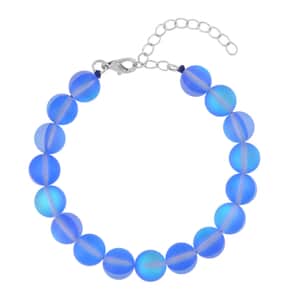 Blue Magic Color Glass Beaded Stretch Bracelet with Lobster Lock in Rhodium Over Sterling Silver (7.5-8.5In)