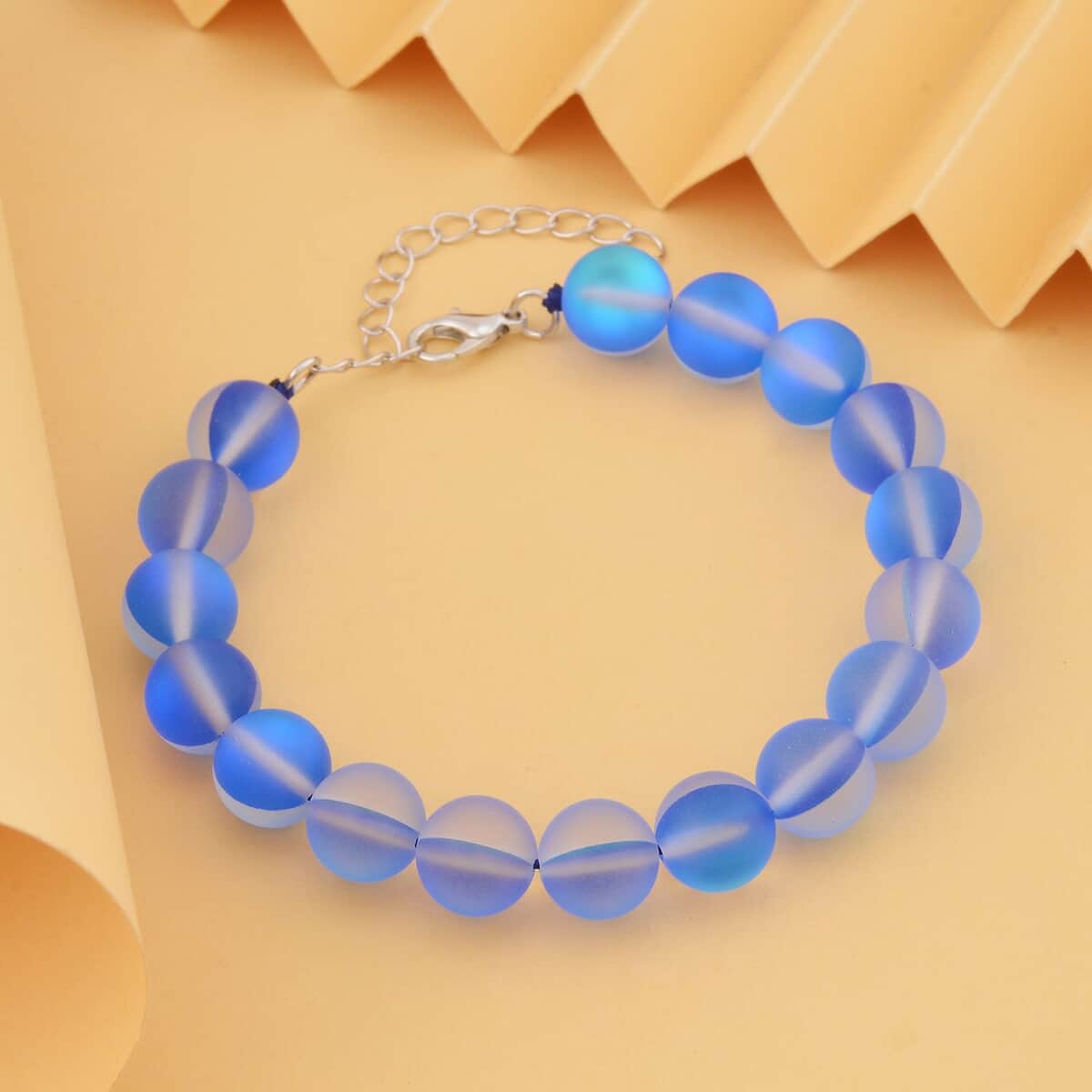 Blue Magic Color Glass Beaded Stretch Bracelet with Lobster Lock in Rhodium Over Sterling Silver (7.5-8.5In) image number 1