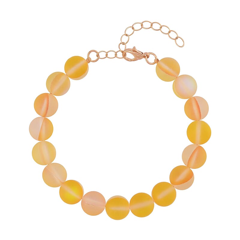 Champagne Color Glass Beaded Stretch Bracelet with Lobster Lock in 14K YG Over Sterling Silver (7.5-8.5In)
