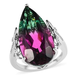 Watermelon Quartz (Triplet) and White Zircon Butterfly Ring in Platinum Over Sterling Silver (Size 8.0) 16.00 ctw