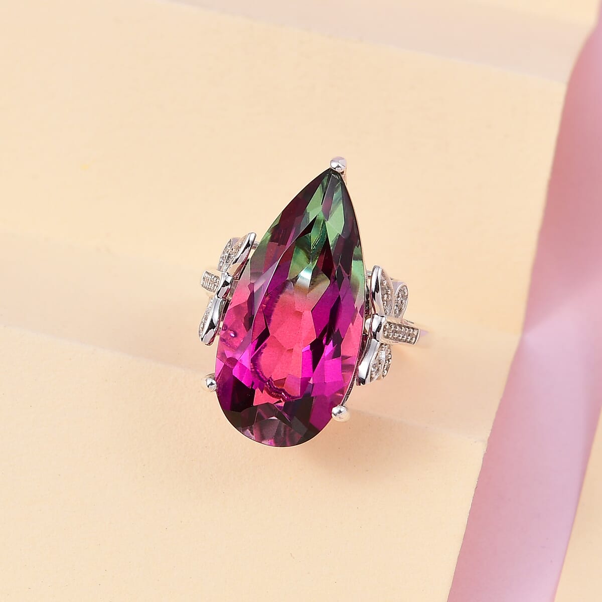 Watermelon Quartz (Triplet) and White Zircon Butterfly Ring in Platinum Over Sterling Silver (Size 8.0) 16.00 ctw image number 1