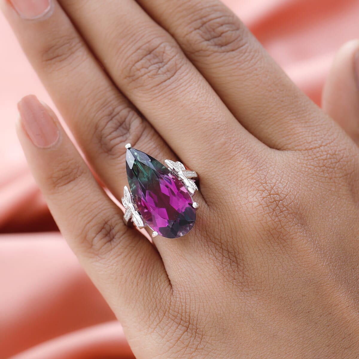 Watermelon Quartz (Triplet) and White Zircon Butterfly Ring in Platinum Over Sterling Silver (Size 8.0) 16.00 ctw image number 2