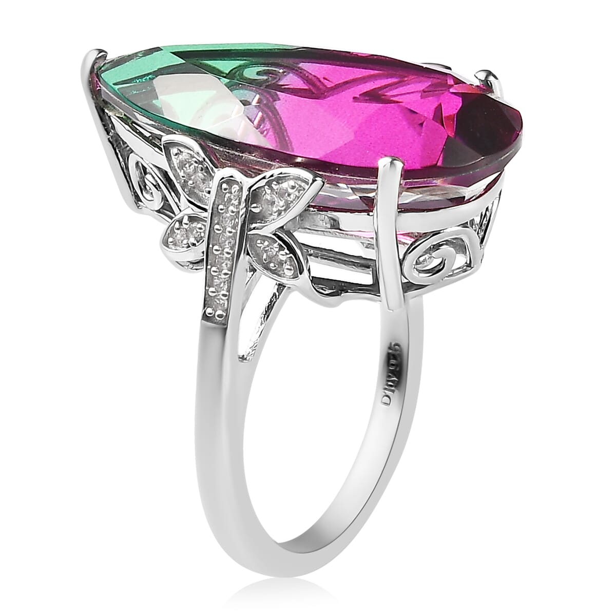 Watermelon Quartz (Triplet) and White Zircon Butterfly Ring in Platinum Over Sterling Silver (Size 8.0) 16.00 ctw image number 3
