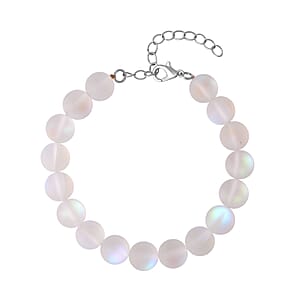 White Mystic Color Glass Beaded Stretch Bracelet in Rhodium Over Sterling Silver (7.5-8.5In)