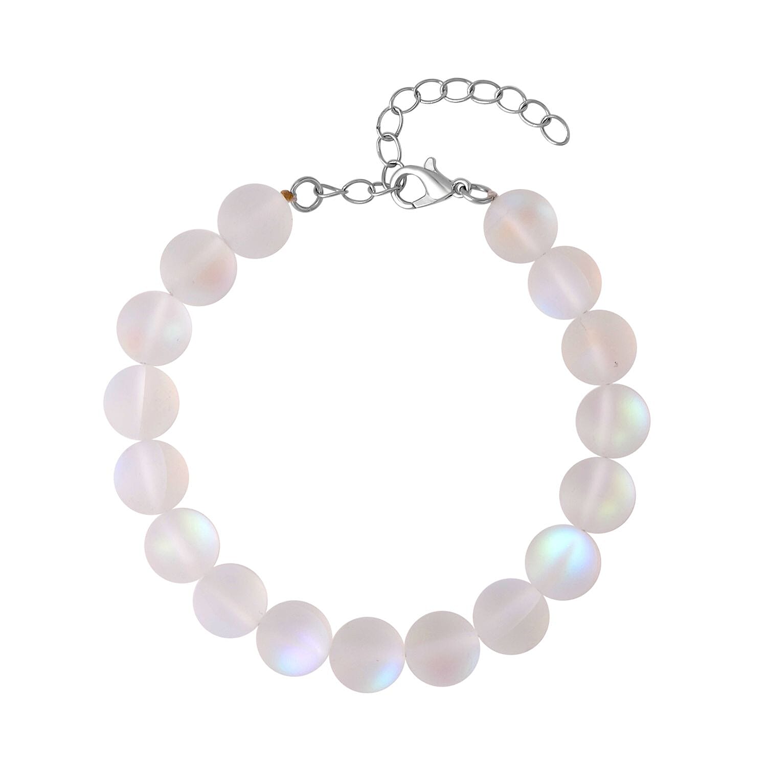 White Mystic Color Glass Beaded Stretch Bracelet in Rhodium Over Sterling Silver (7.5-8.5In)