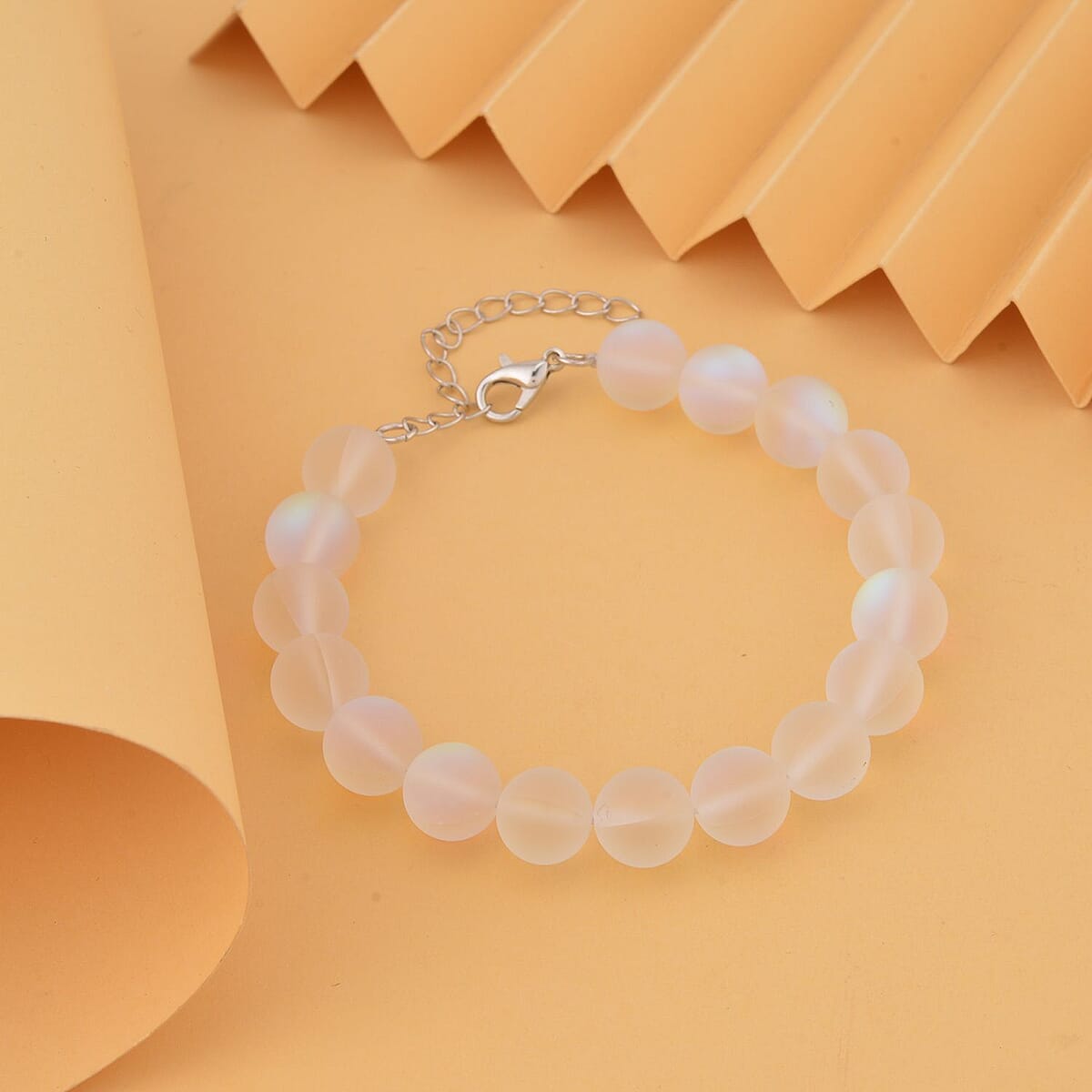White Mystic Color Glass Beaded Stretch Bracelet in Rhodium Over Sterling Silver (7.5-8.5In) image number 1