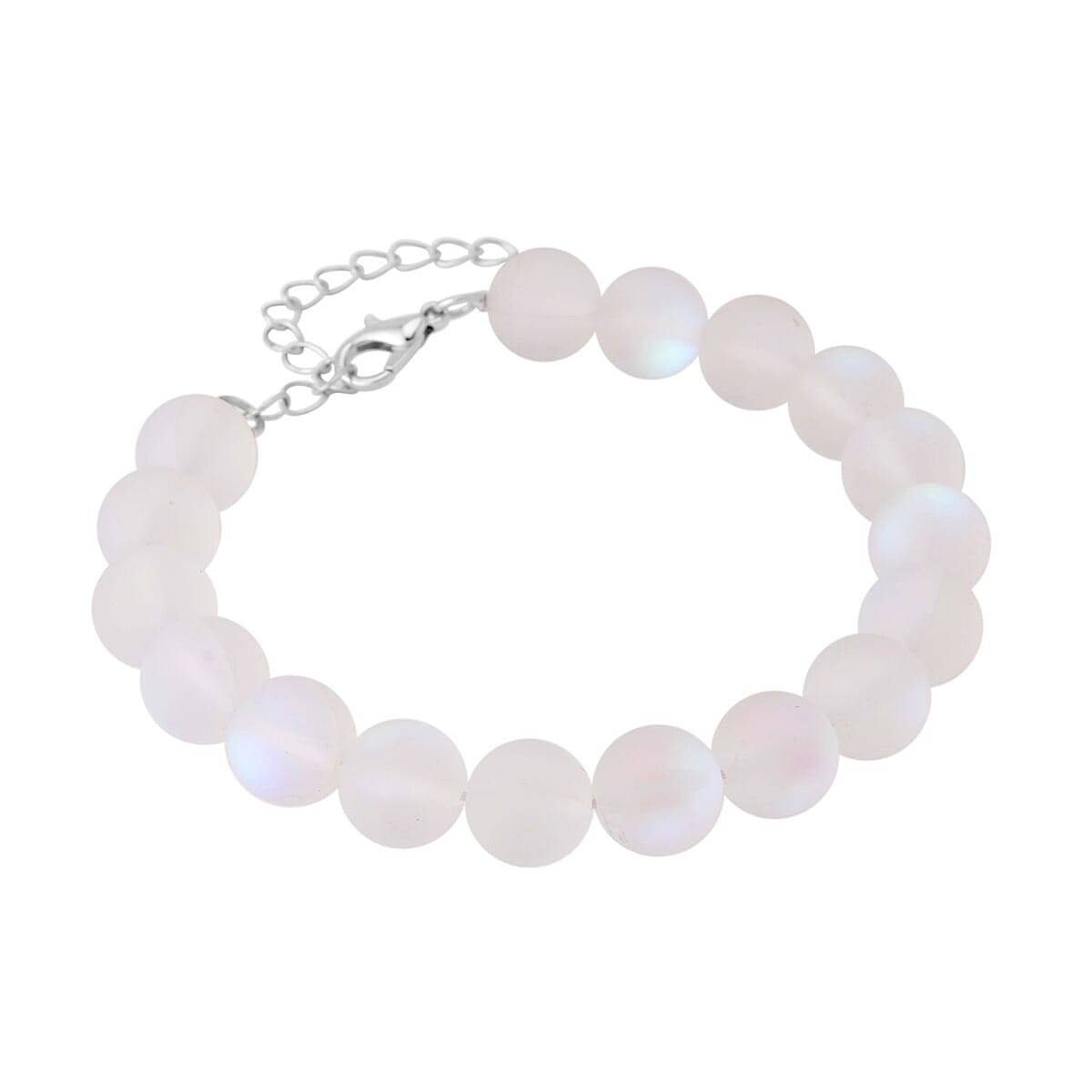 White Mystic Color Glass Beaded Stretch Bracelet in Rhodium Over Sterling Silver (7.5-8.5In) image number 2