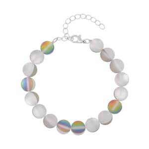Magic Color Glass Beaded Stretch Bracelet with Lobster Lock in Rhodium Over Sterling Silver (7.5-8.5In)