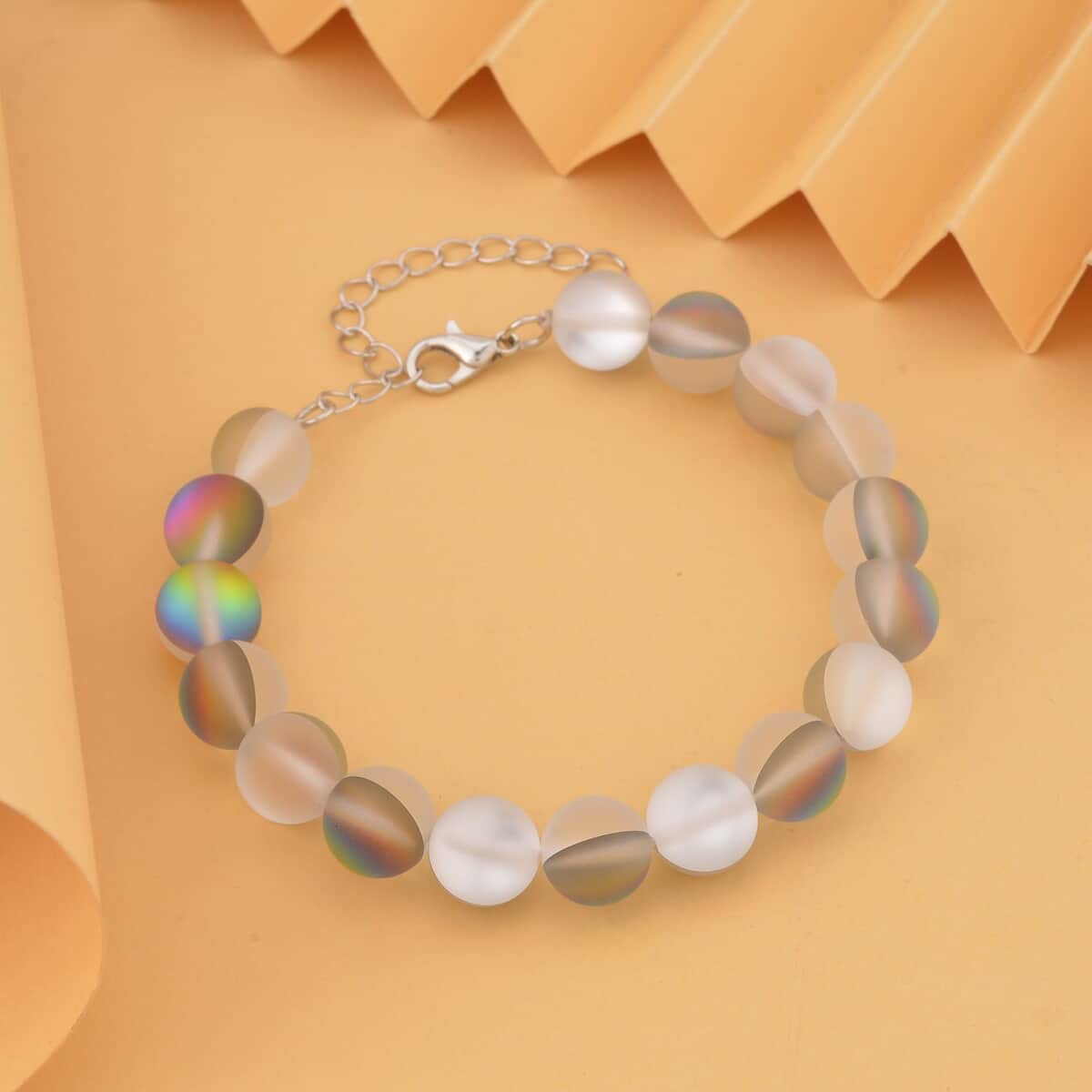 Magic Color Glass Beaded Stretch Bracelet with Lobster Lock in Rhodium Over Sterling Silver (7.5-8.5In) image number 1