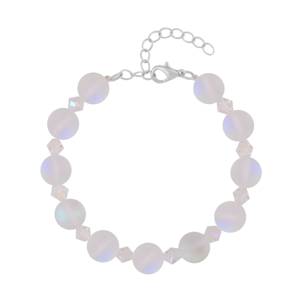 White Aurora Borealis Glass and White Glass Beaded Bracelet in Rhodium Over Sterling Silver (7.5-8.5In) image number 0