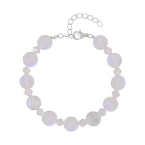 White Aurora Borealis Glass and White Glass Beaded Bracelet in Rhodium Over Sterling Silver (7.5-8.5In)
